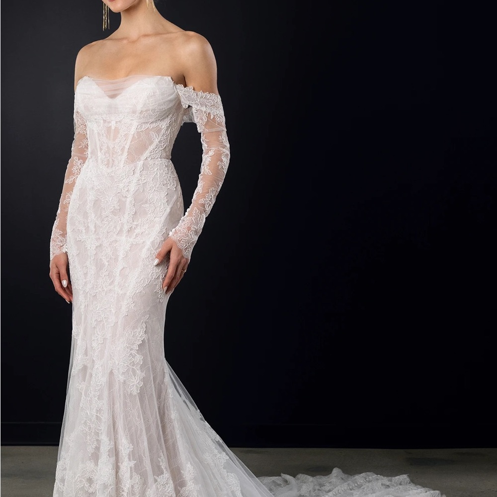Martina Liana Off-Shoulder Long Sleeve Lace Gown